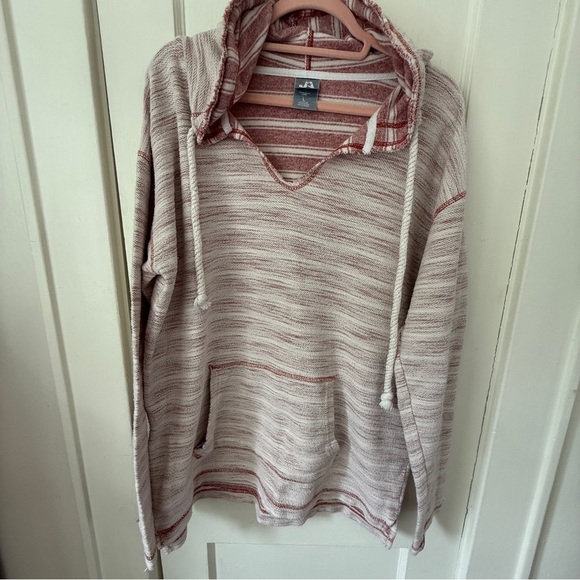 J. America Baja-Style Hoodie Red Cream Striped Pullover Size L - Picture 1 of 6